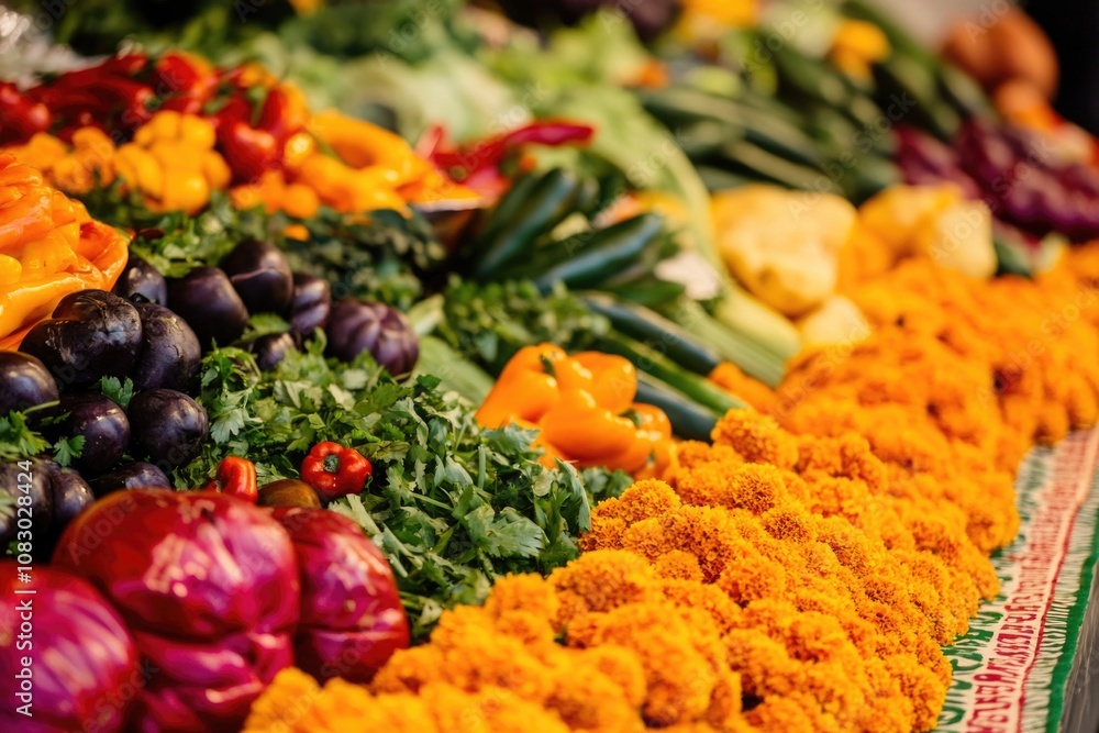 Poster fresh produce arranged on a table with various colors and textures