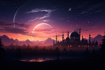 Obraz premium Calming Mosque Silhouette at Evening Sky