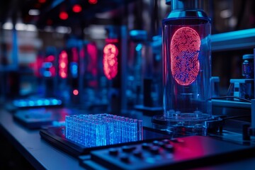 Advanced forensic technologies, including fingerprint analysis scanners, DNA testing equipment, and digital forensic tools used by specialists in a high-tech laboratory environment. Generative AI