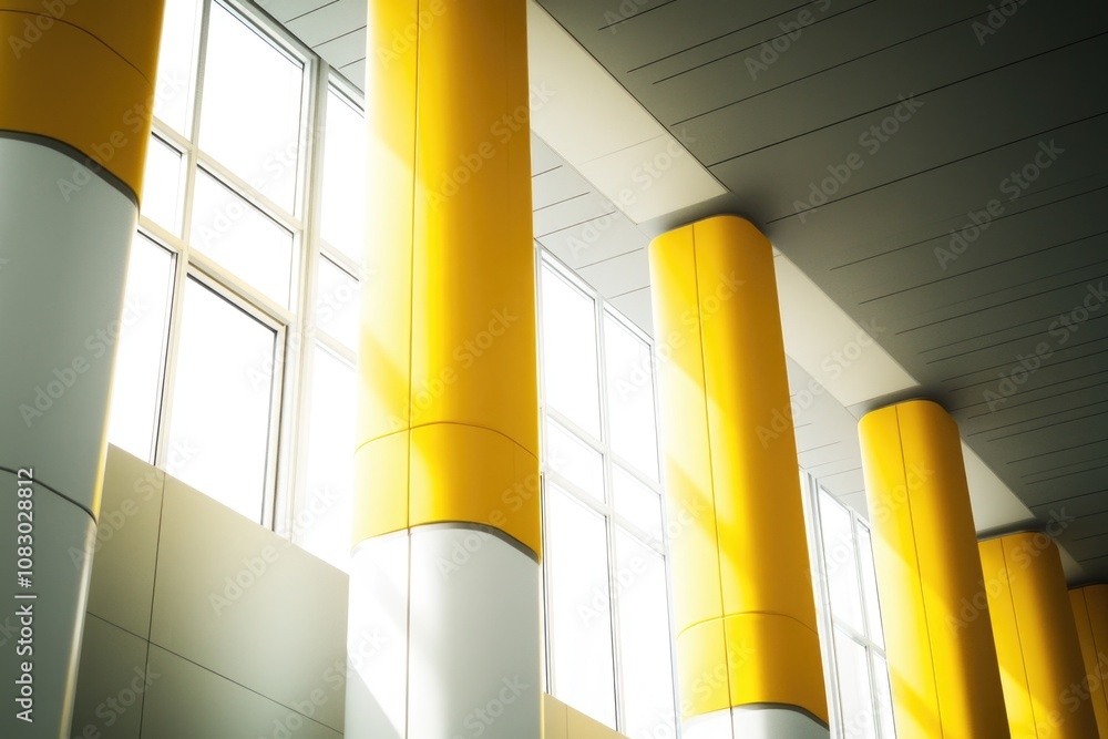Poster a row of office cubicles with yellow and white columns in the background