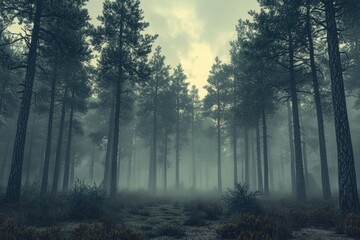 A dense fog surrounds tall trees in a mystical forest setting, ideal for mystery or thriller scenes