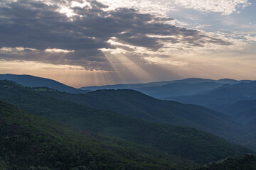 Panorama of the mountains with beautiful shadows from the sunlight