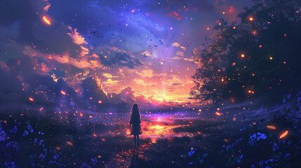 A Serene Sunset View With a Silhouette of a Girl Standing Near a River Surrounded by Colorful Flowers and Sparkling Lights in a Magical Landscape at Dusk