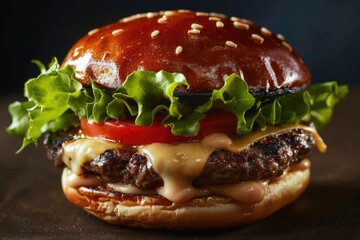 A juicy hamburger topped with crisp lettuce, fresh tomato, and melted cheese