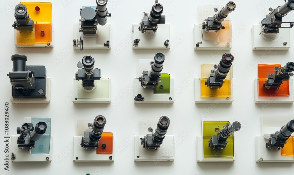 Poster several microscopes are arranged on a white surface with slides of various colors under them