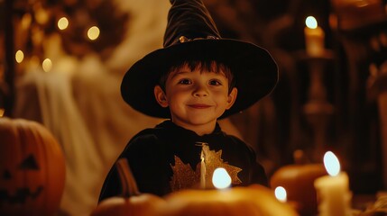 Fototapeta premium A young boy dressed as a wizard smiles happily while surrounded by pumpkins and candles on Halloween.