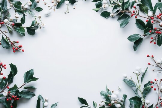 fFrame of red berries, green branches, and snowy leaves on a white background, top-down view. Perfect for winter, Christmas, and New Year designs, minimalism and natural style, AI generated