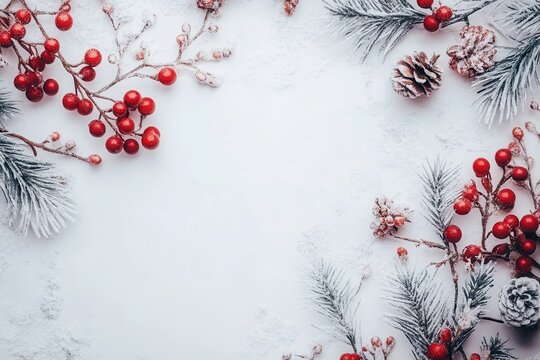 fFrame of red berries, green branches, and snowy leaves on a white background, top-down view. Perfect for winter, Christmas, and New Year designs, minimalism and natural style, AI generated