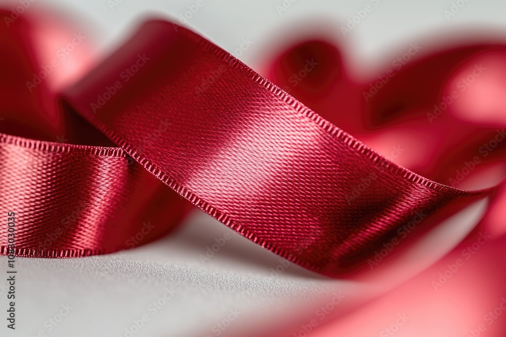Poster a close-up shot of a red ribbon lying flat on a table, ideal for use in designs and layouts where a 