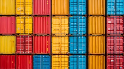 Fototapeta premium Stacked shipping containers in a colorful pattern.