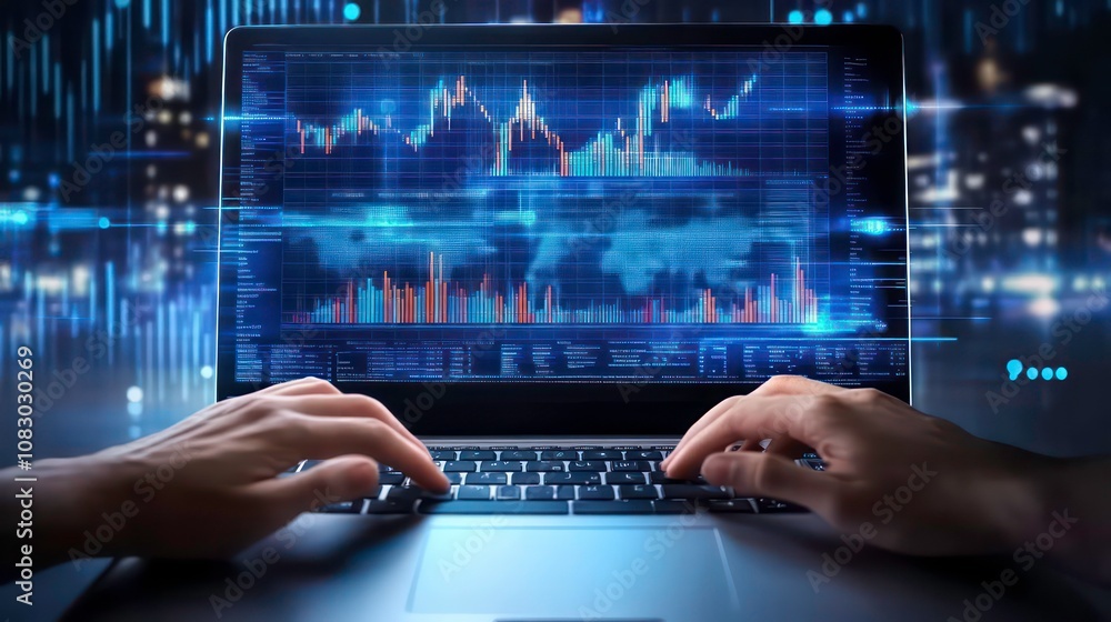 Poster hands typing on a laptop with a stock market graph on the screen.