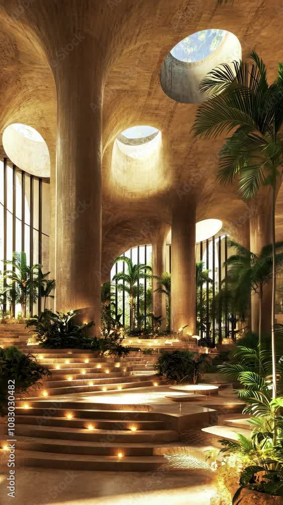 Poster a view of a unique building lobby, featuring a series of curved ceilings with circular skylights and
