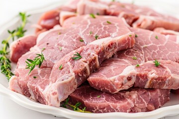 A plate of raw meat served with fresh herbs