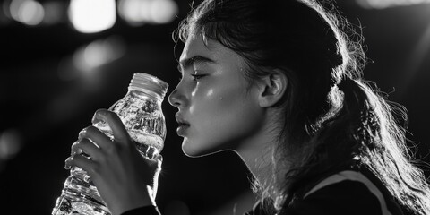 A woman taking a drink from a water bottle, informative and straightforward