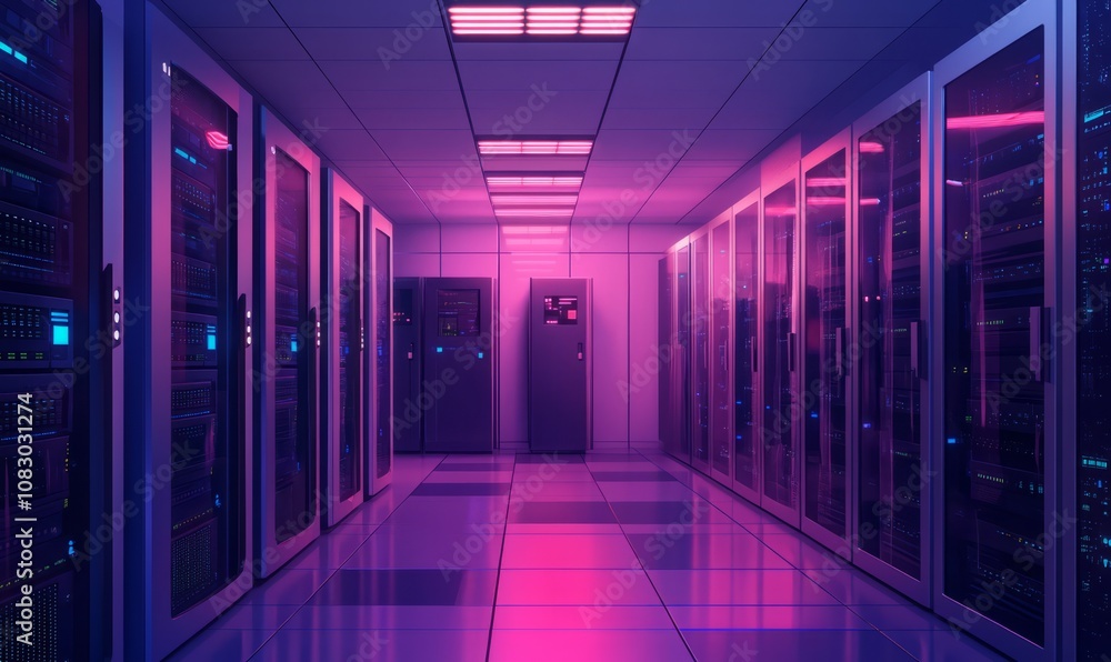 Poster a modern server room with rows of servers in racks, glowing indicator lights, and a clean, well-lit 