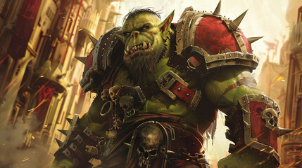 A Powerful Orc Warrior Stands Ready for Battle in a Fantasy World Filled With Towering Structures and Dramatic Lighting During the Golden Hour of Dusk