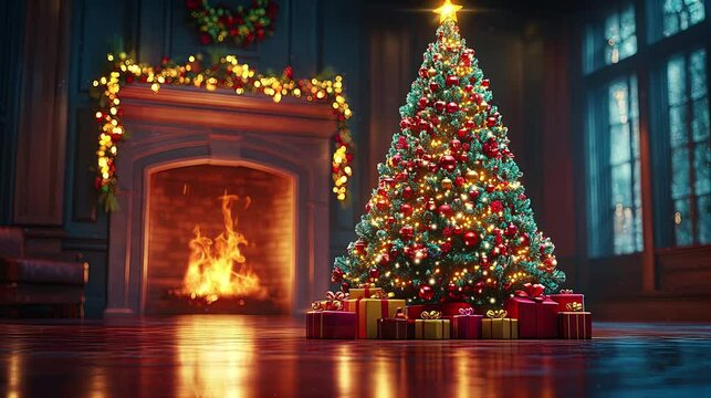 Fireplace and Christmas Tree Looping Ambience Video