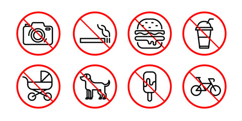 Prohibition signs in linear style no stroller or bicycle parking, photography, no smoking, no pets, do not drink and eat icon isolated on transparent background. Editable stroke. Vector illustration