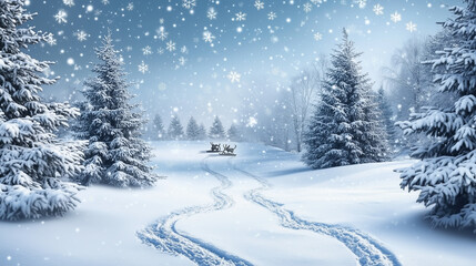 Fototapeta premium A winter wonderland scene with snow-laden trees, reindeer tracks in the snow, and a sleigh in the distance