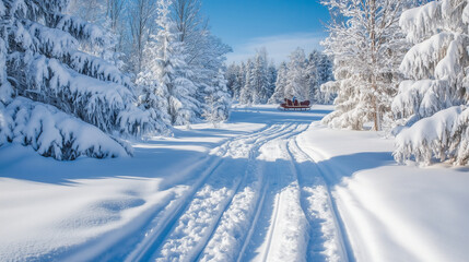 Fototapeta premium A winter wonderland scene with snow-laden trees, reindeer tracks in the snow, and a sleigh in the distance