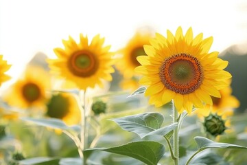 Obraz premium A bright and cheerful scene featuring a field of sunflowers with green leaves
