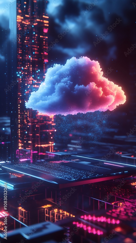 Poster modern laptop displaying a cloud image, emphasizing online data systems.