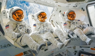 Art piece showing astronauts undergoing zero gravity simulation training in a spacecraft