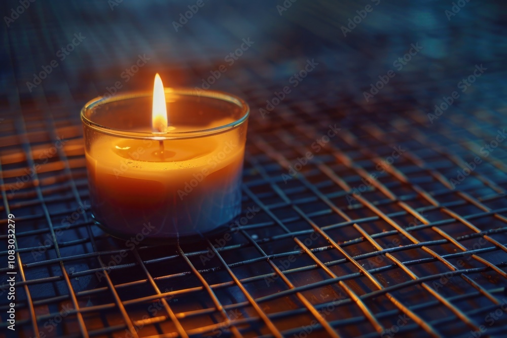 Poster a single lit candle placed on a table with a simple and clean background