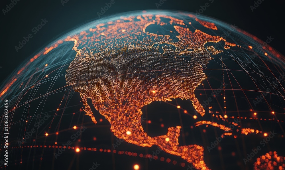 Poster a ing of a glowing map of north america on a dark, abstract globe. the map features a network of ill