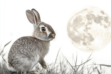 Obraz premium A rabbit sitting in the grass with the full moon shining down