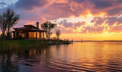 Fototapeta premium Sunset at Luxury Waterfront Modern Home
