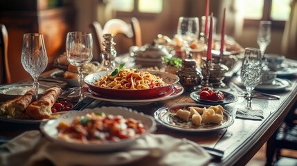 Table setting with various plates of food and wine glasses