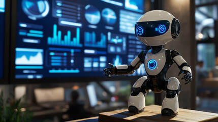 Futuristic Robot Analyzing Data on Digital Screen