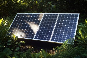A close-up shot of a solar panel lying on the grass, with its photovoltaic cells visible