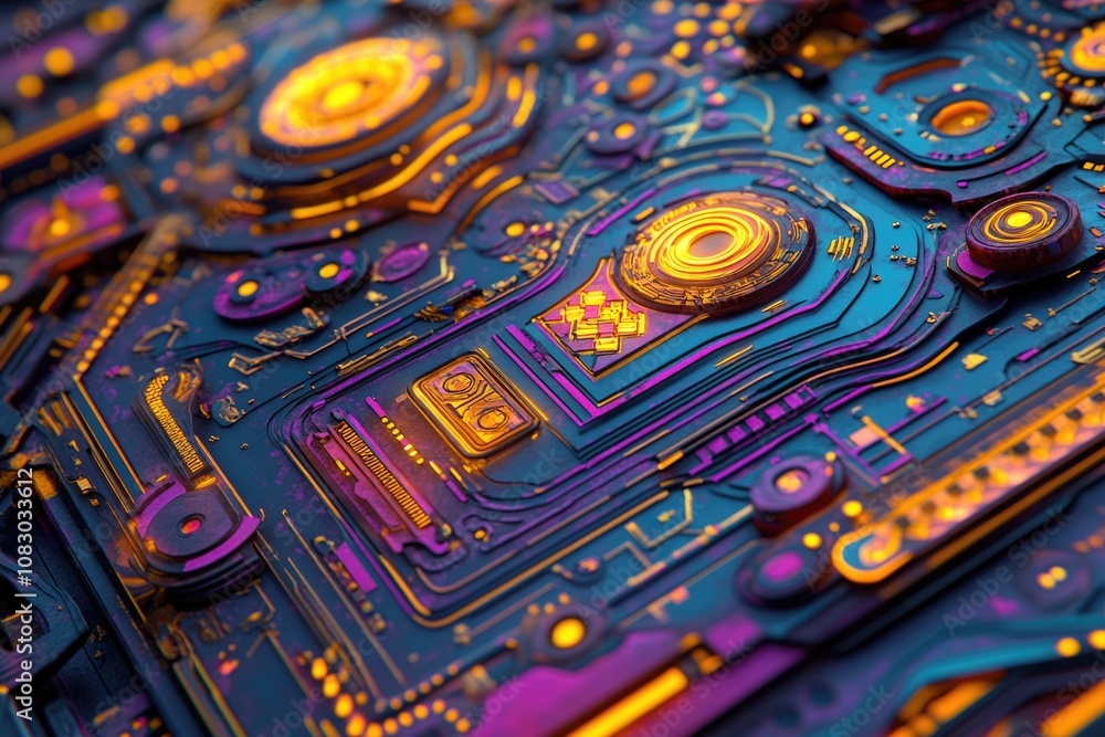 Poster a detailed view of a computer motherboard's components and circuits