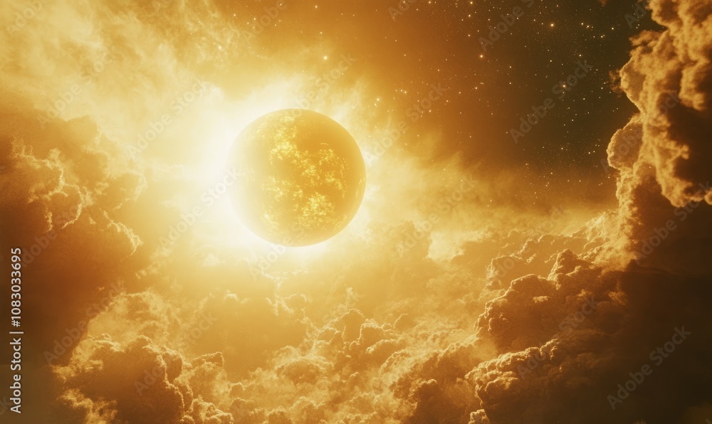 Poster this image depicts a bright glowing celestial planet with an ethereal light, set against a backdrop 