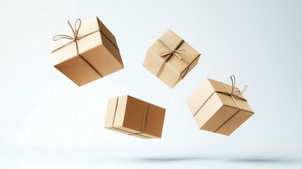 Flying beige gift boxes on white background. New Year and Christmas theme. Sale, presents concept.
