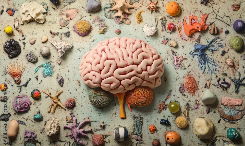Poster abstract composition featuring a ing of a brain surrounded by various colorful, organic shapes and t