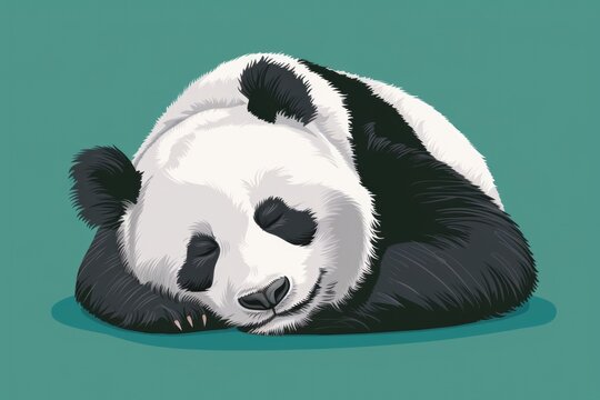 A panda bear reclines on a lush green surface, appearing relaxed and content