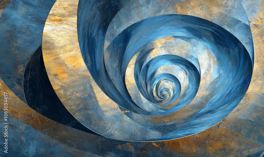 Poster abstract image with a swirling spiral pattern composed of curved, layered metallic surfaces in shade