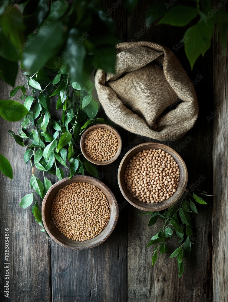 Aufkleber Bowls and a sack overflow with lentils, beans, and chickpeas, arranged on a wooden table adorned with greenery for a rustic look. Generative AI