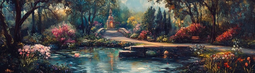 Peaceful morning stroll in a vibrant garden serene park digital artwork lush environment panoramic view nature's tranquility