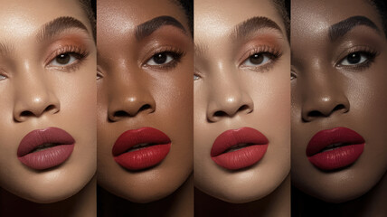 A woman's face is shown in four different colors, with each color representing a different shade of lipstick. Concept of a makeup collection