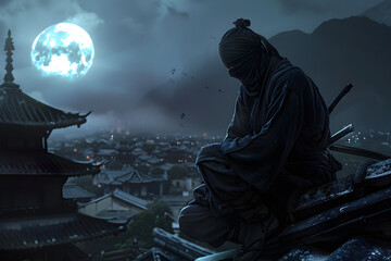 Stealthy Night Guardian: A Ninja Crouched on Rooftop Under the Moonlit Sky, Ready for Action