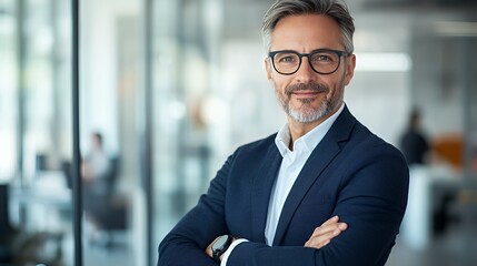 Fototapeta premium Confident businessman in suit with arms crossed, looking at the camera and smiling.