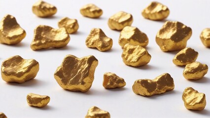 Obraz premium A scattering of small, irregular gold nuggets on a white background.