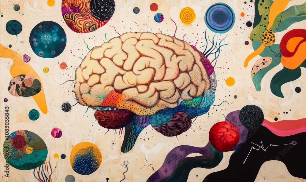 Poster abstract composition featuring a ing of a brain surrounded by various colorful, organic shapes and t