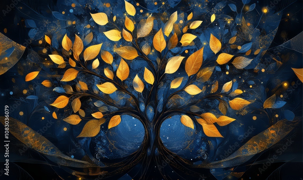 Poster abstract illustration of a tree with golden and blue leaves and intricate geometric patterns, surrou