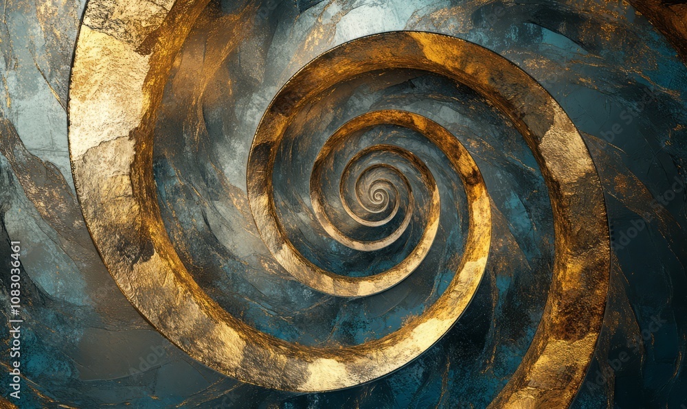Poster abstract image with a swirling spiral pattern composed of curved, layered metallic surfaces in shade