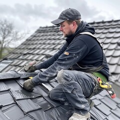 Skilled roofers are diligently working on a residential home, carefully placing zinc and slate materials while ensuring quality and precision in their craft under overcast skies